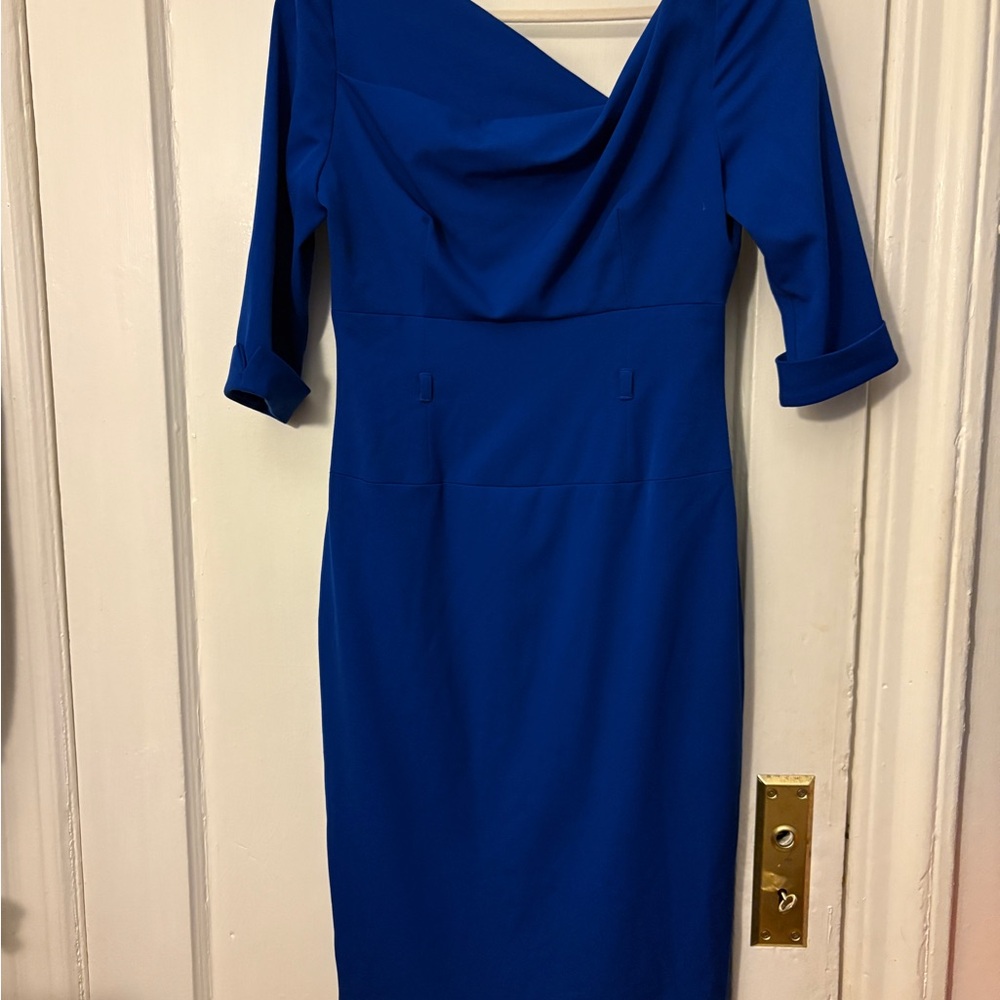 Black Halo Blue Jackie O Dress with Asymmetrical Neckline and 3/4 Sleeves